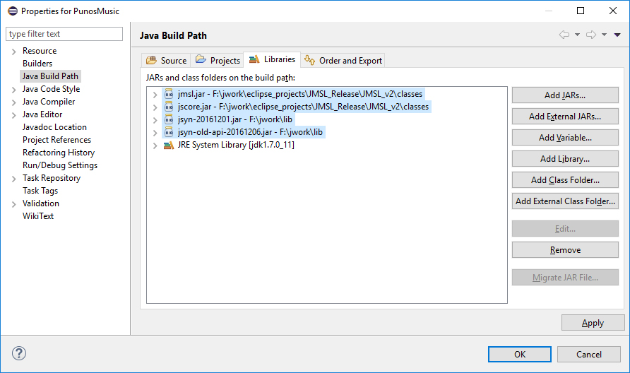 Eclipse Java Build path showing JSyn jars