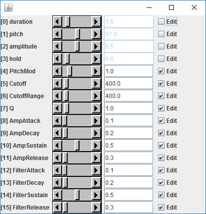 JMSL Note Editor shows parameters for its JSyn instrument