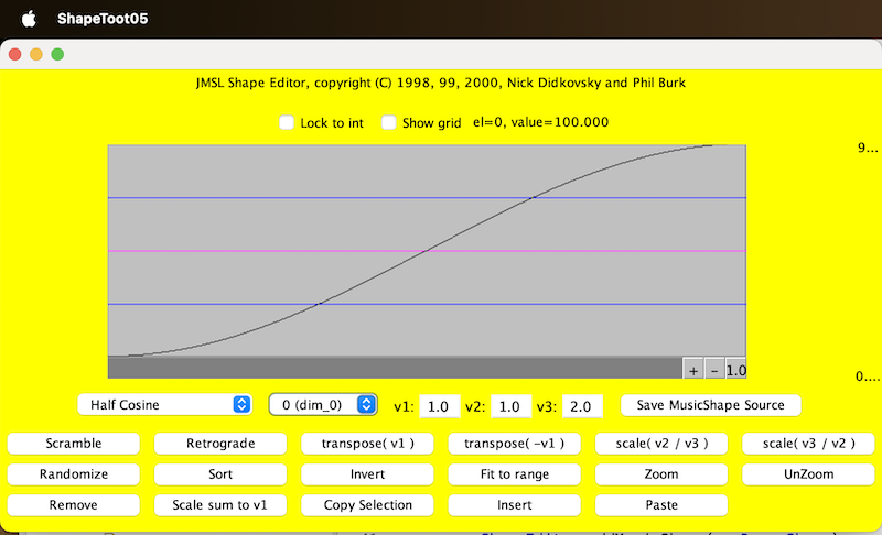 JMSL MusicShapeEditor showing half cosine interpolator